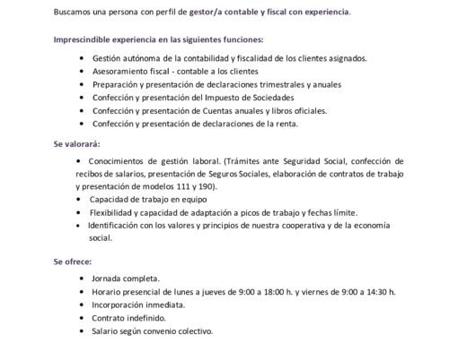 AMPLIAMOS EL EQUIPO! GESTOR/A CONTABLE Y FISCAL